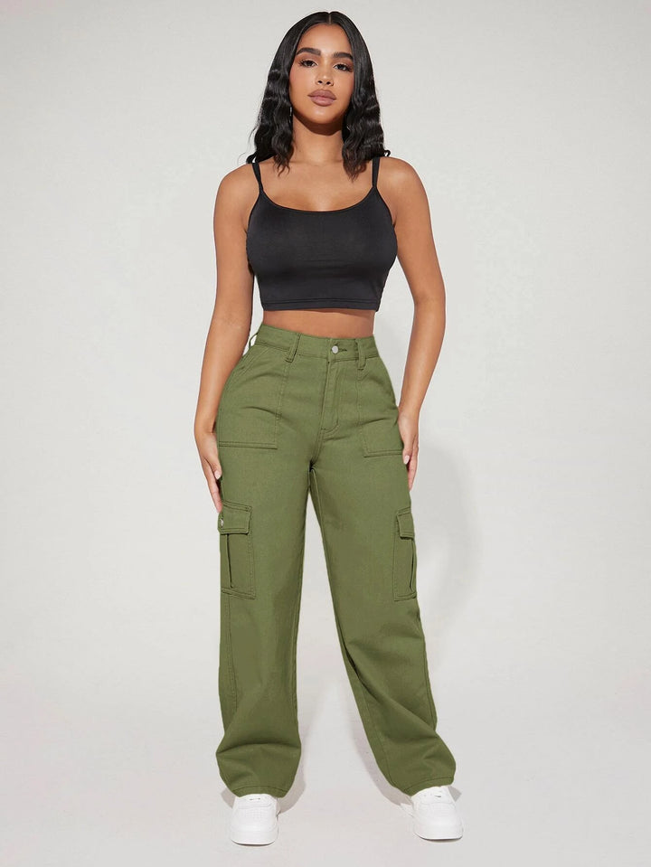 High Waist Flap Pocket Side Cargo Jeans