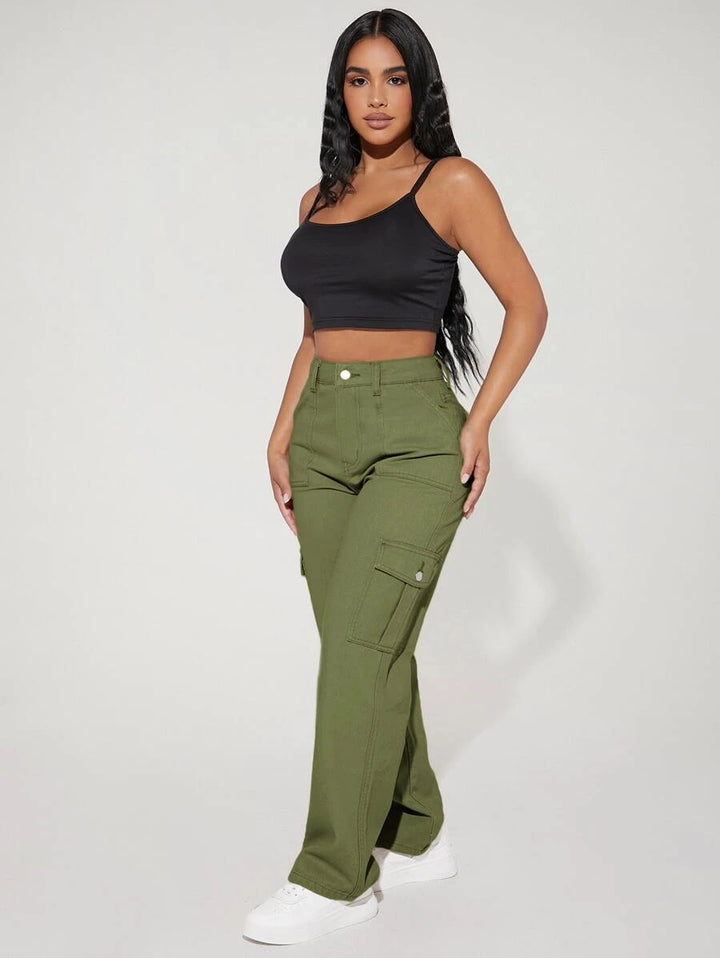 High Waist Flap Pocket Side Cargo Jeans