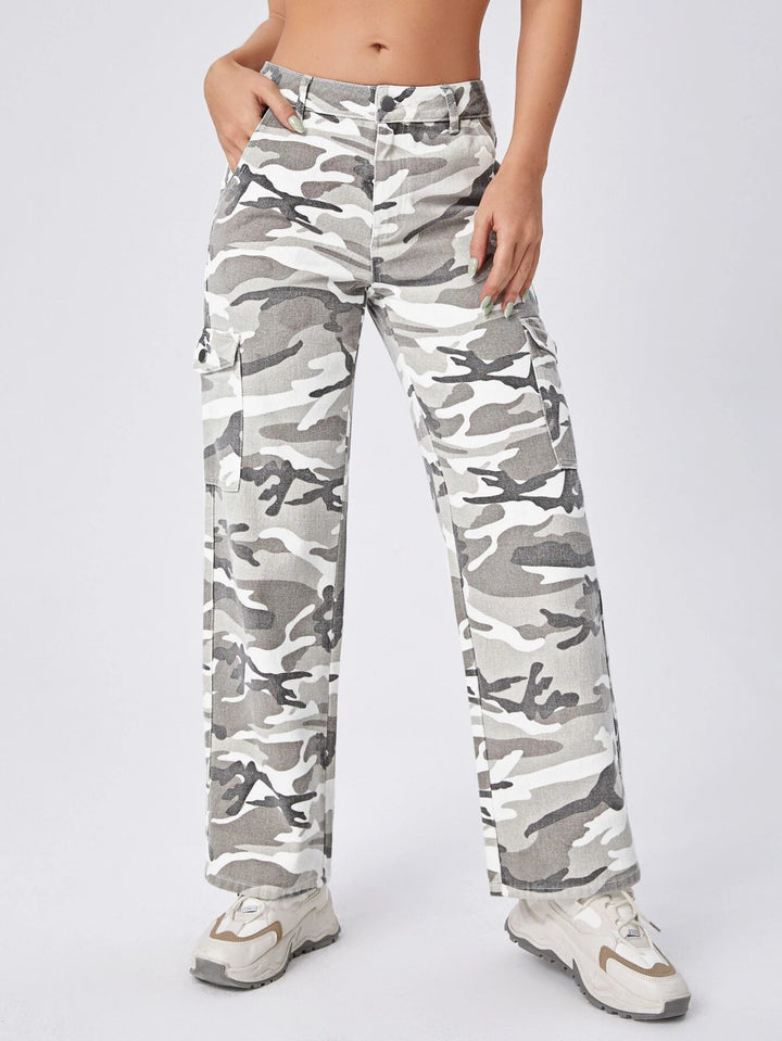Camo Print Flap Pocket Side Cargo Jeans