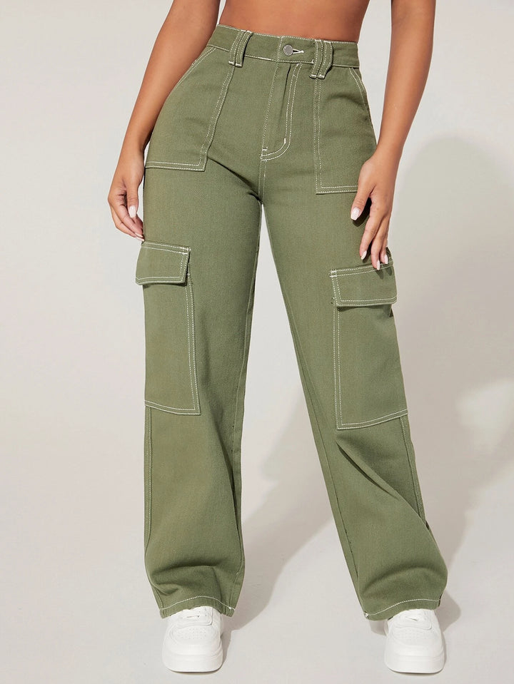 High Rise Flap Pocket Cargo Jeans