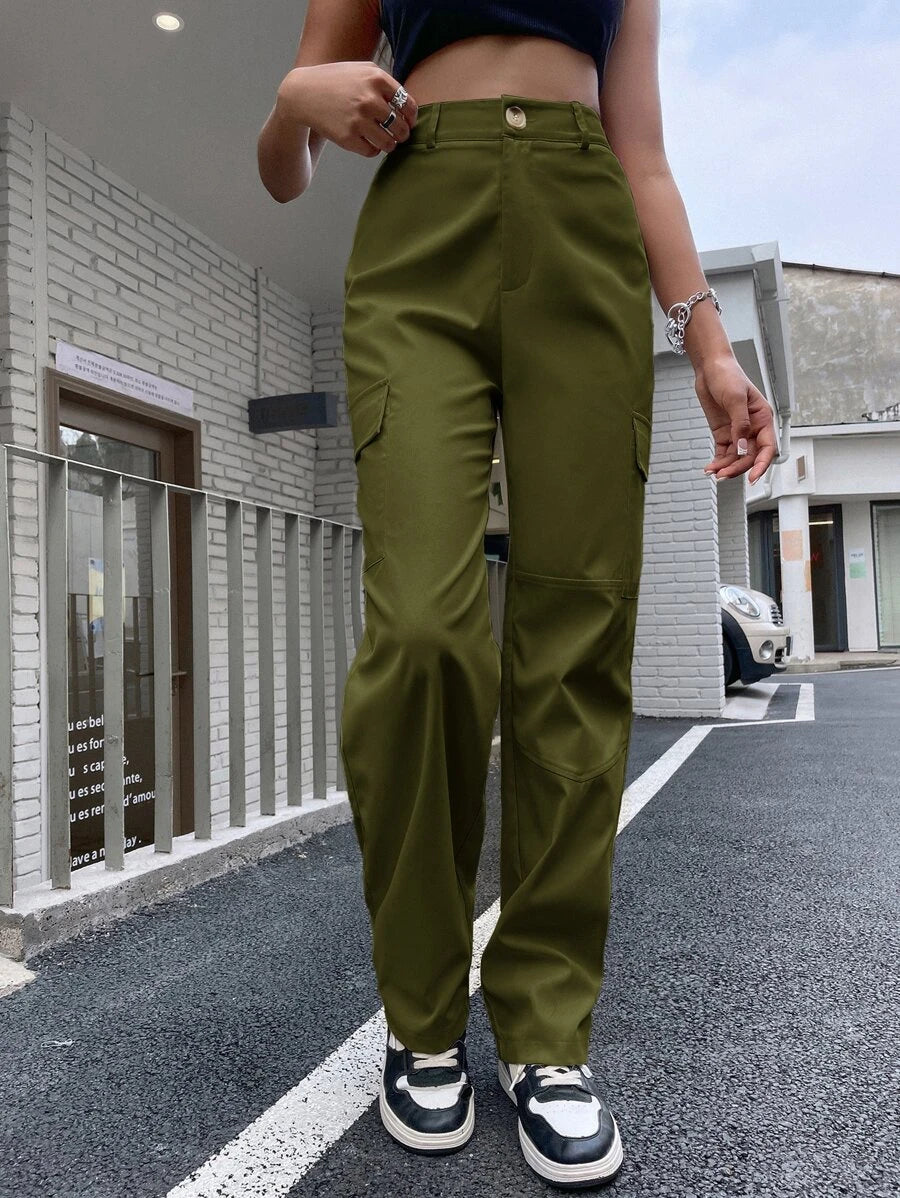 High Waist Flap Pocket Cargo Pants