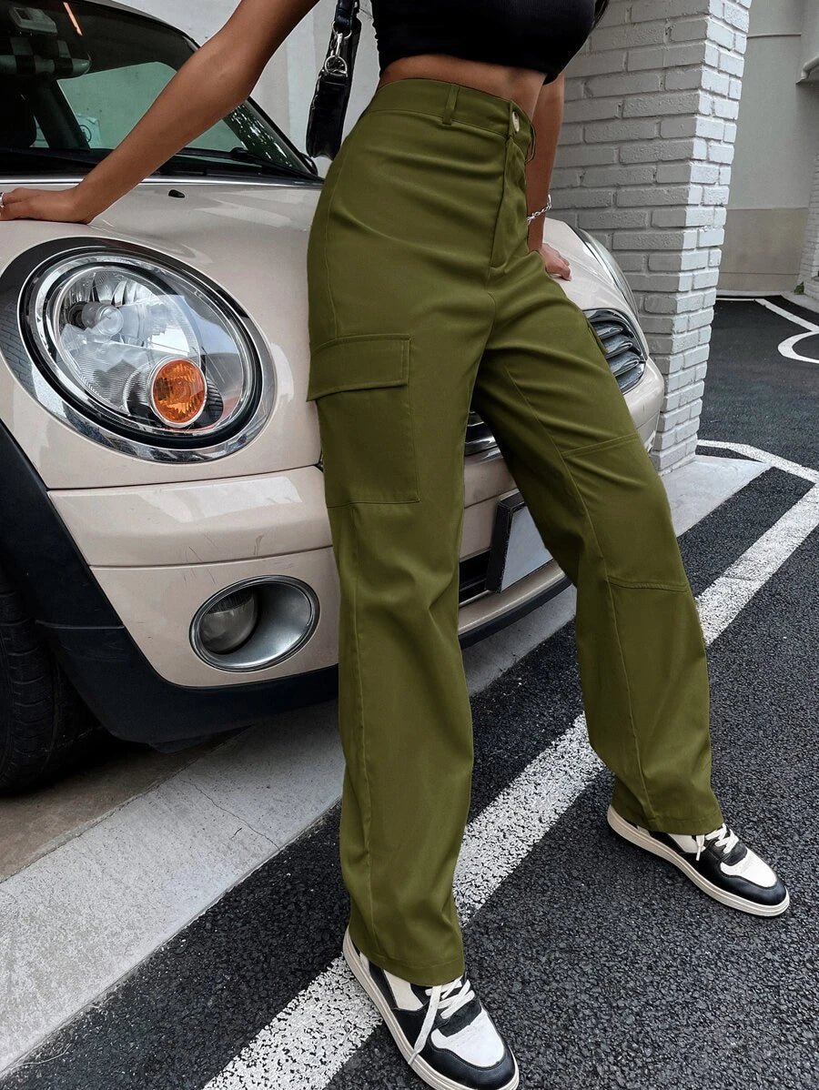 High Waist Flap Pocket Cargo Pants