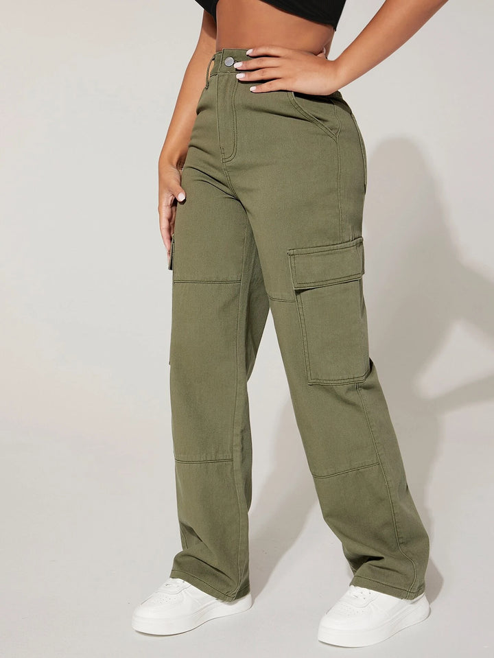 High Waist Cargo Pants With Button