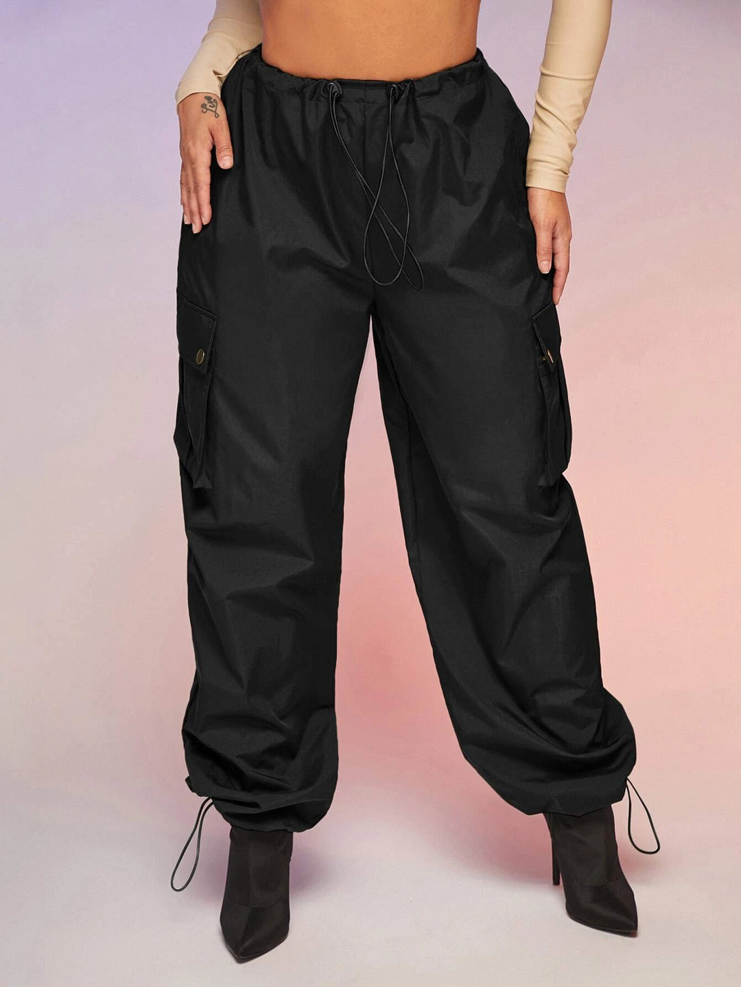 Flap Pocket Drawstring Waist Parachute Cargo Pants