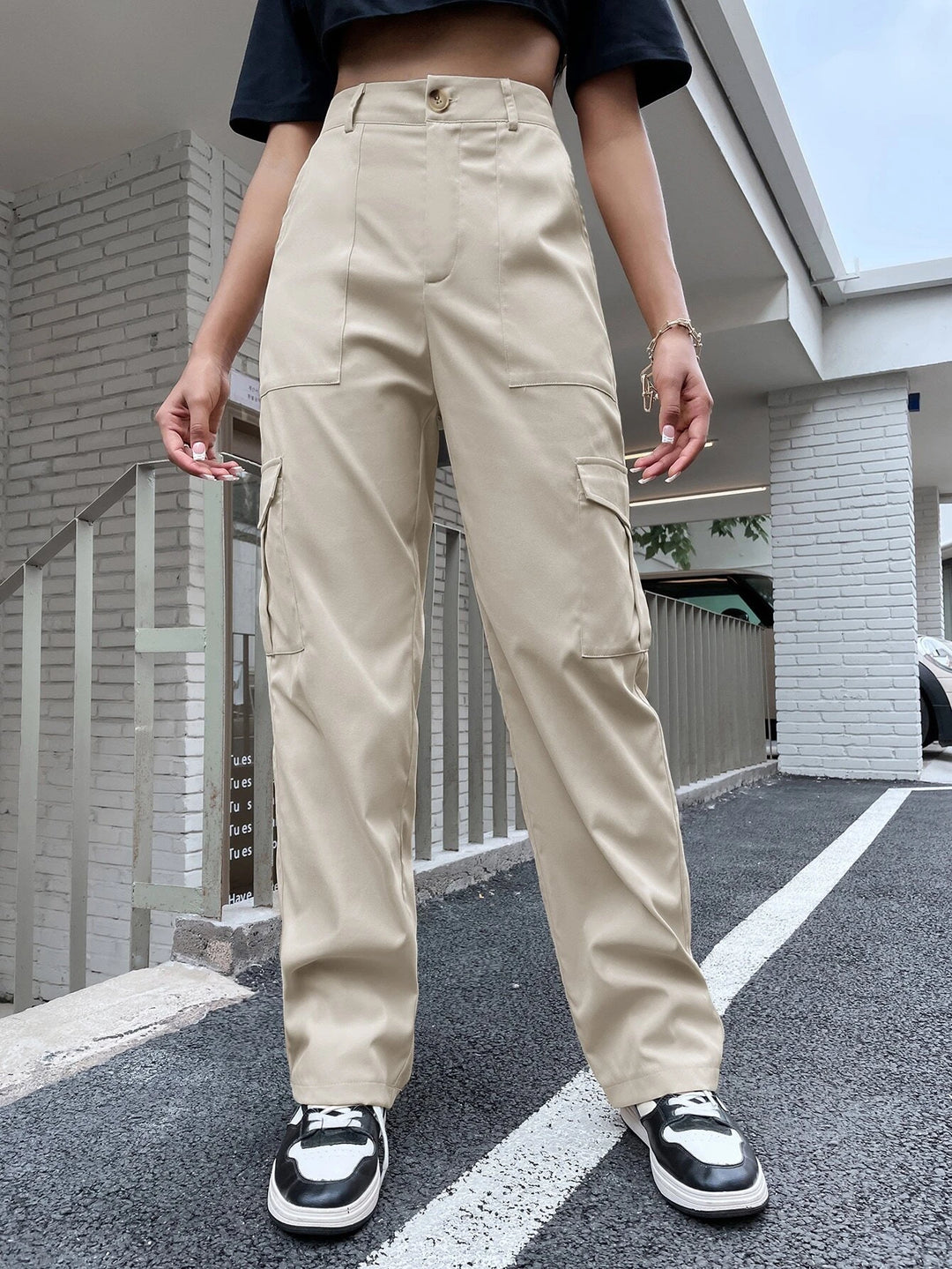 High Waist Flap Pocket Utility Pants