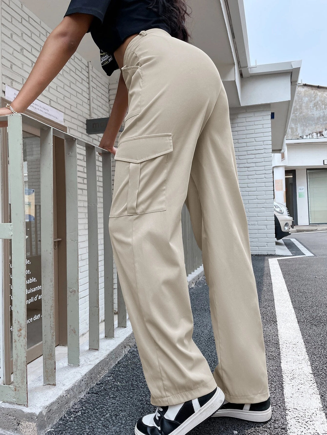 High Waist Flap Pocket Utility Pants