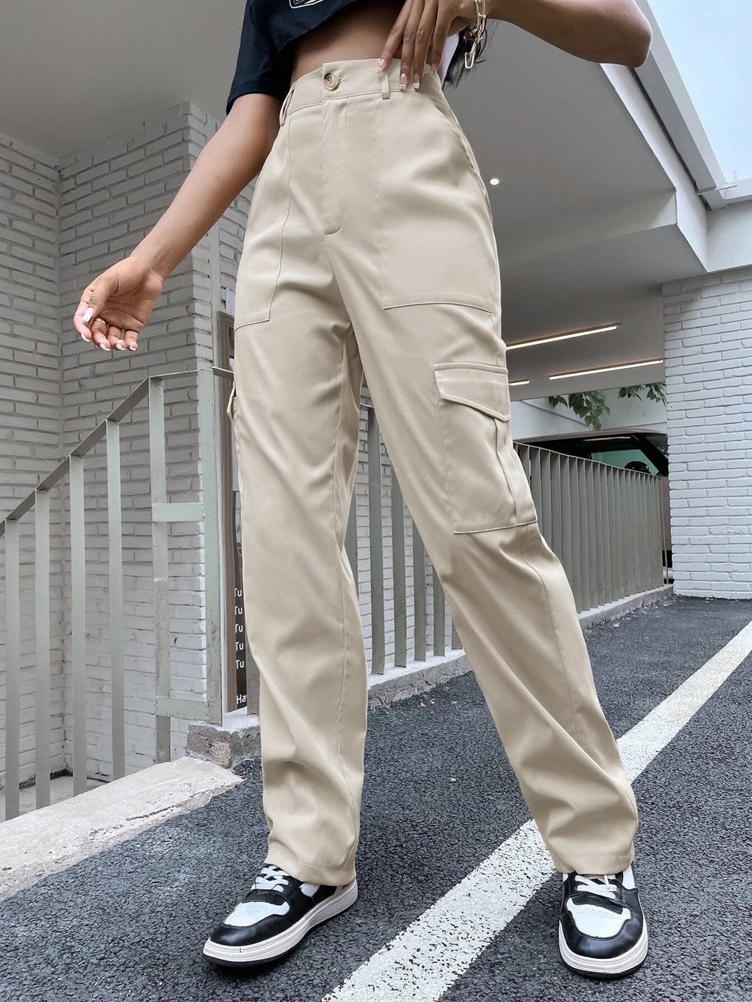 High Waist Flap Pocket Utility Pants