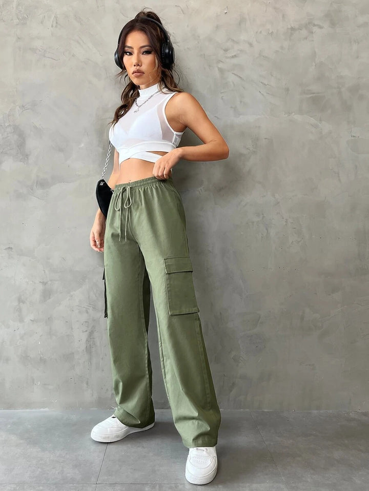 Side Pocket Flap Drawstring Waist Cargo Pants