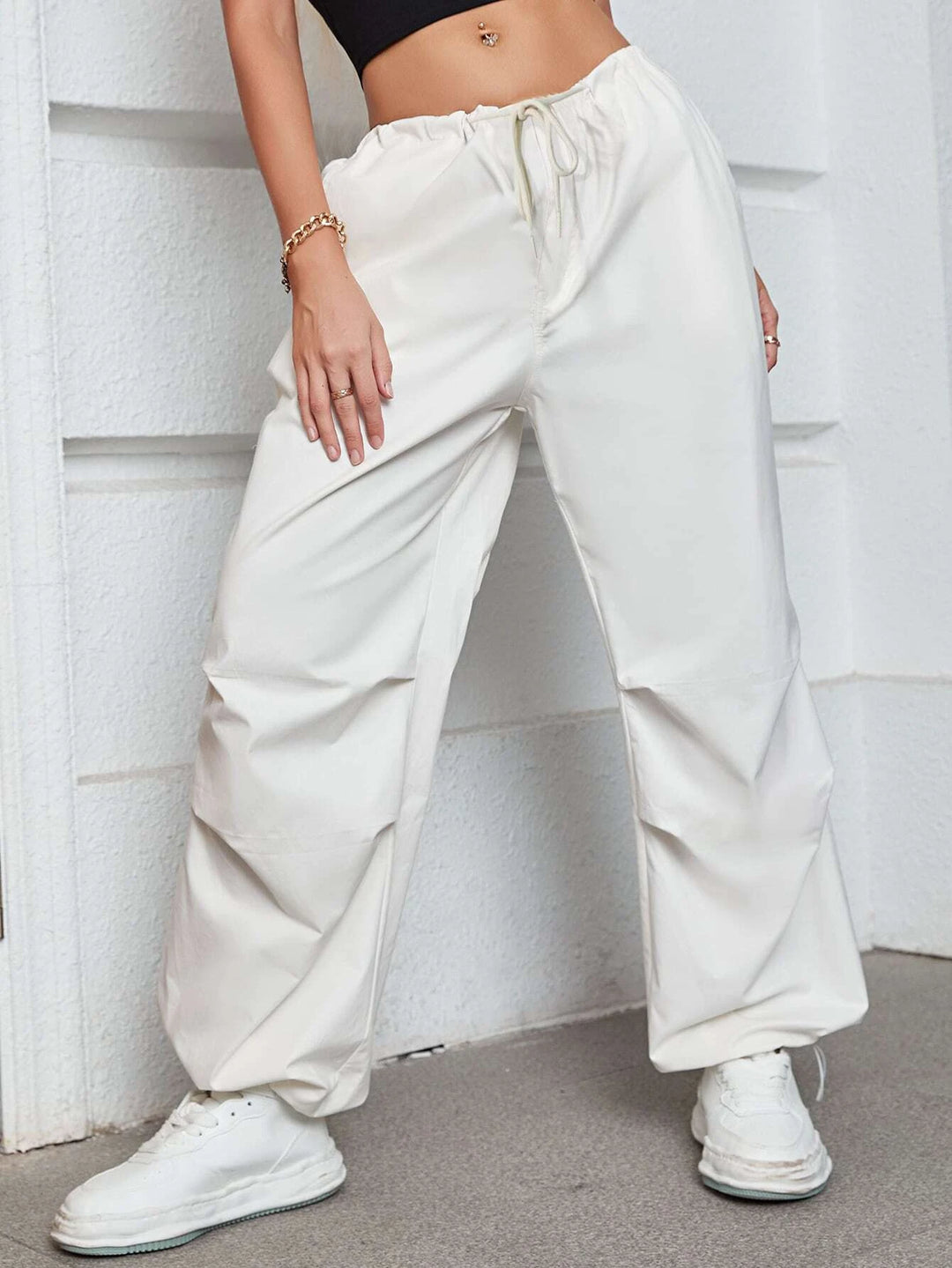 Oversized Drawstring Slant Pocket Parachute Pants