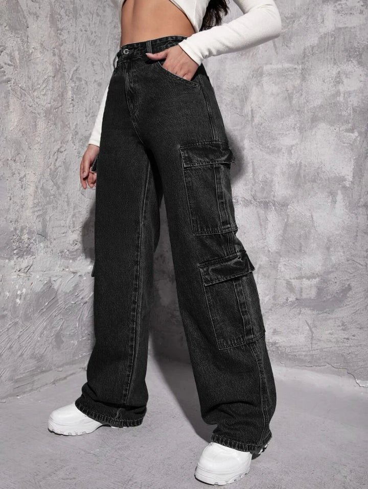 High Waist Zipper Fly Flap Pocket Cargo Jeans