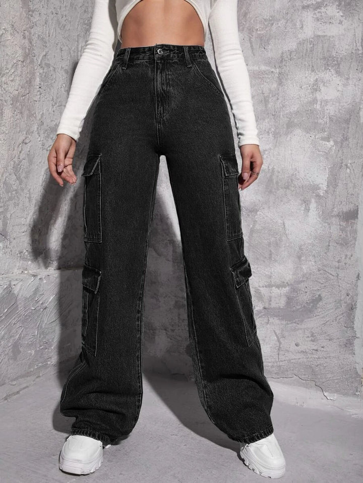 High Waist Zipper Fly Flap Pocket Cargo Jeans