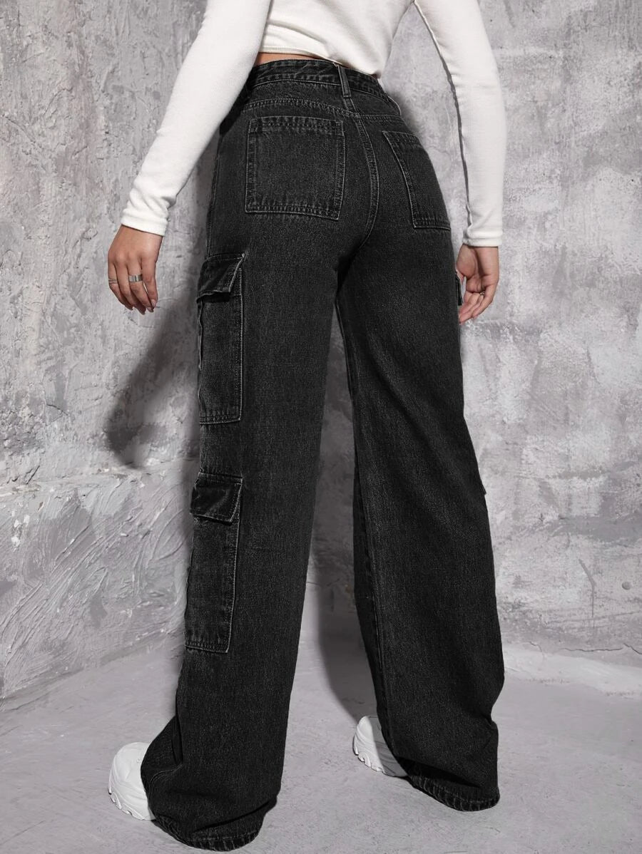 High Waist Zipper Fly Flap Pocket Cargo Jeans