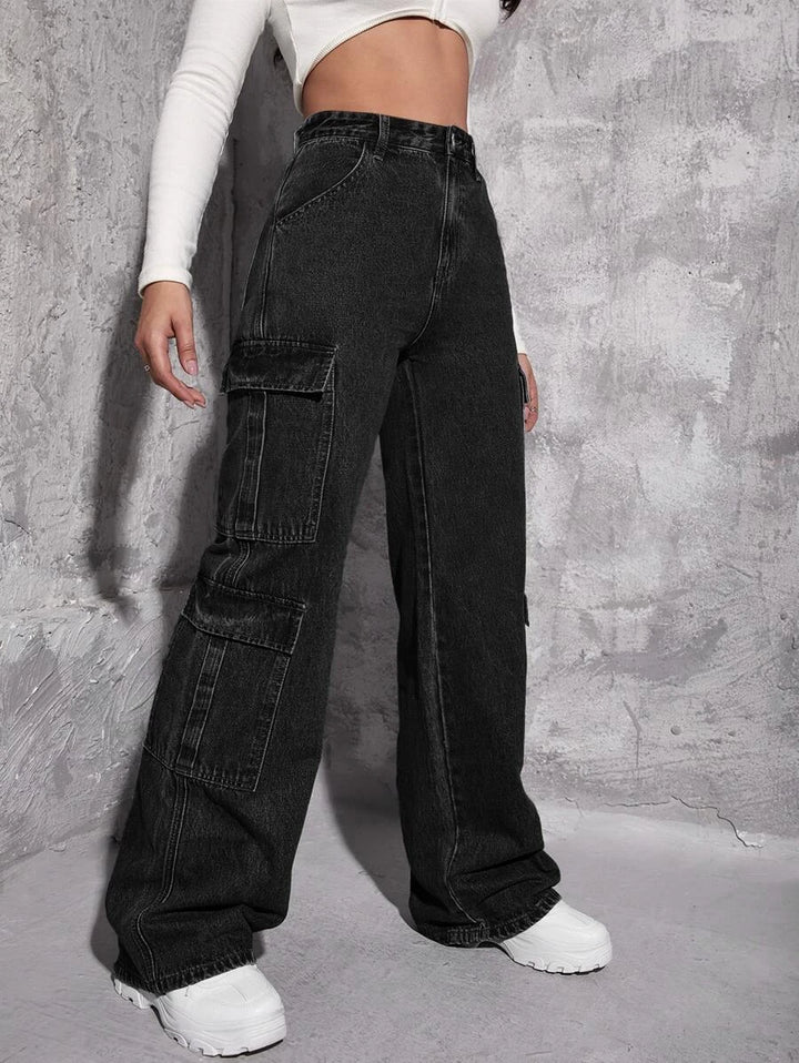 High Waist Zipper Fly Flap Pocket Cargo Jeans