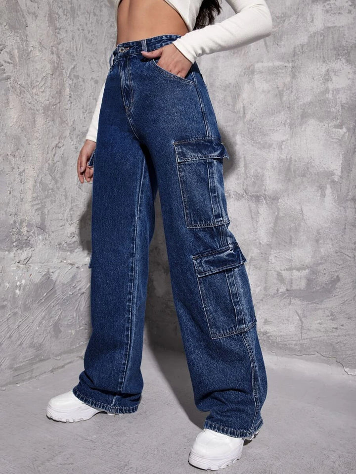 High Waist Zipper Fly Flap Pocket Cargo Jeans