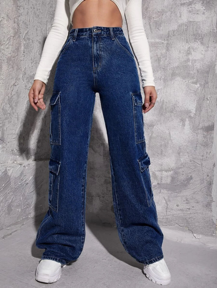 High Waist Zipper Fly Flap Pocket Cargo Jeans