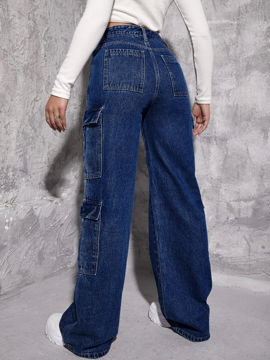 High Waist Zipper Fly Flap Pocket Cargo Jeans