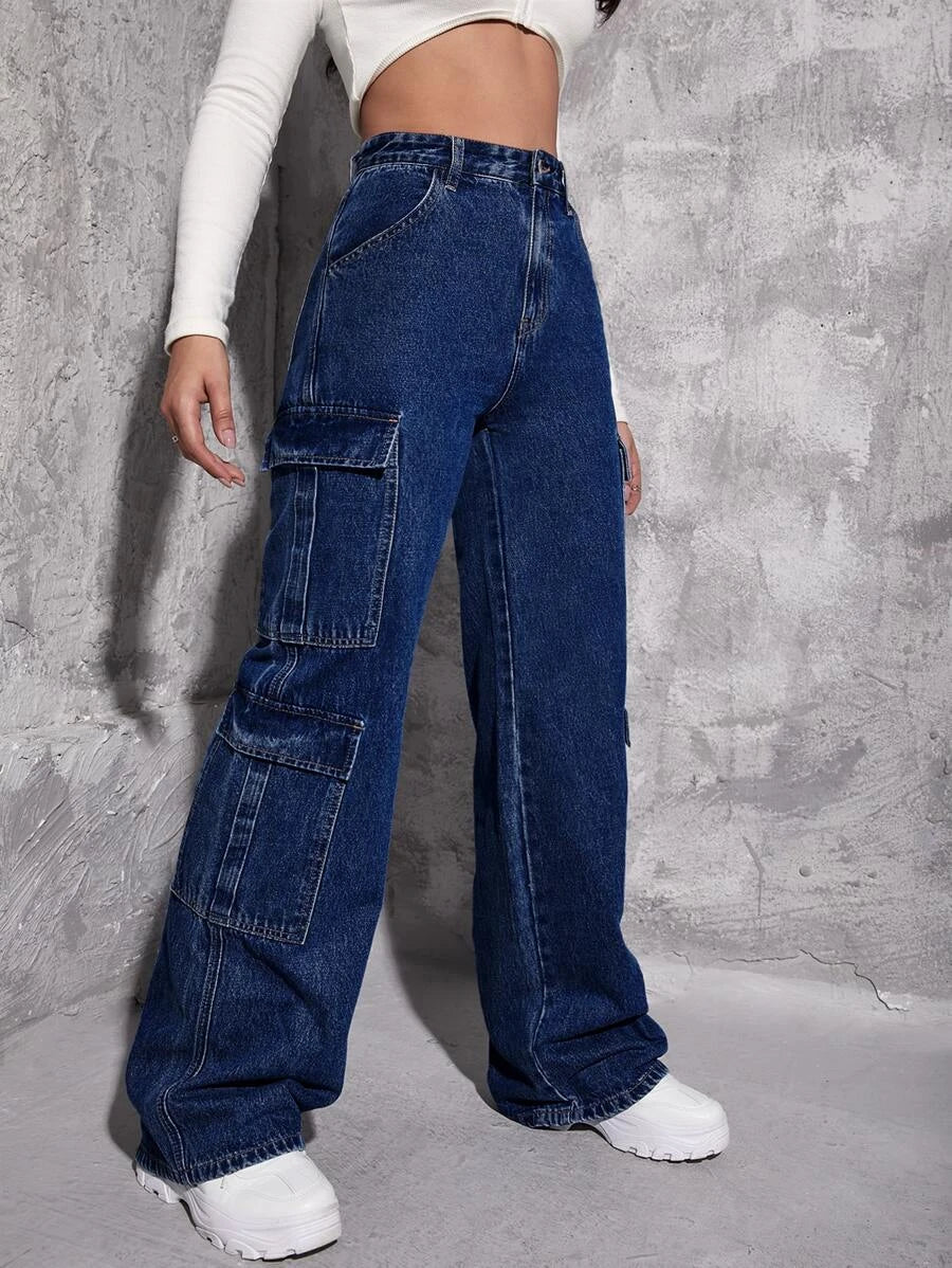 High Waist Zipper Fly Flap Pocket Cargo Jeans