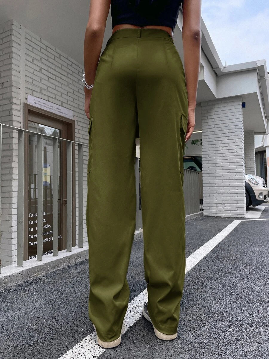 High Waist Flap Pocket Cargo Pants