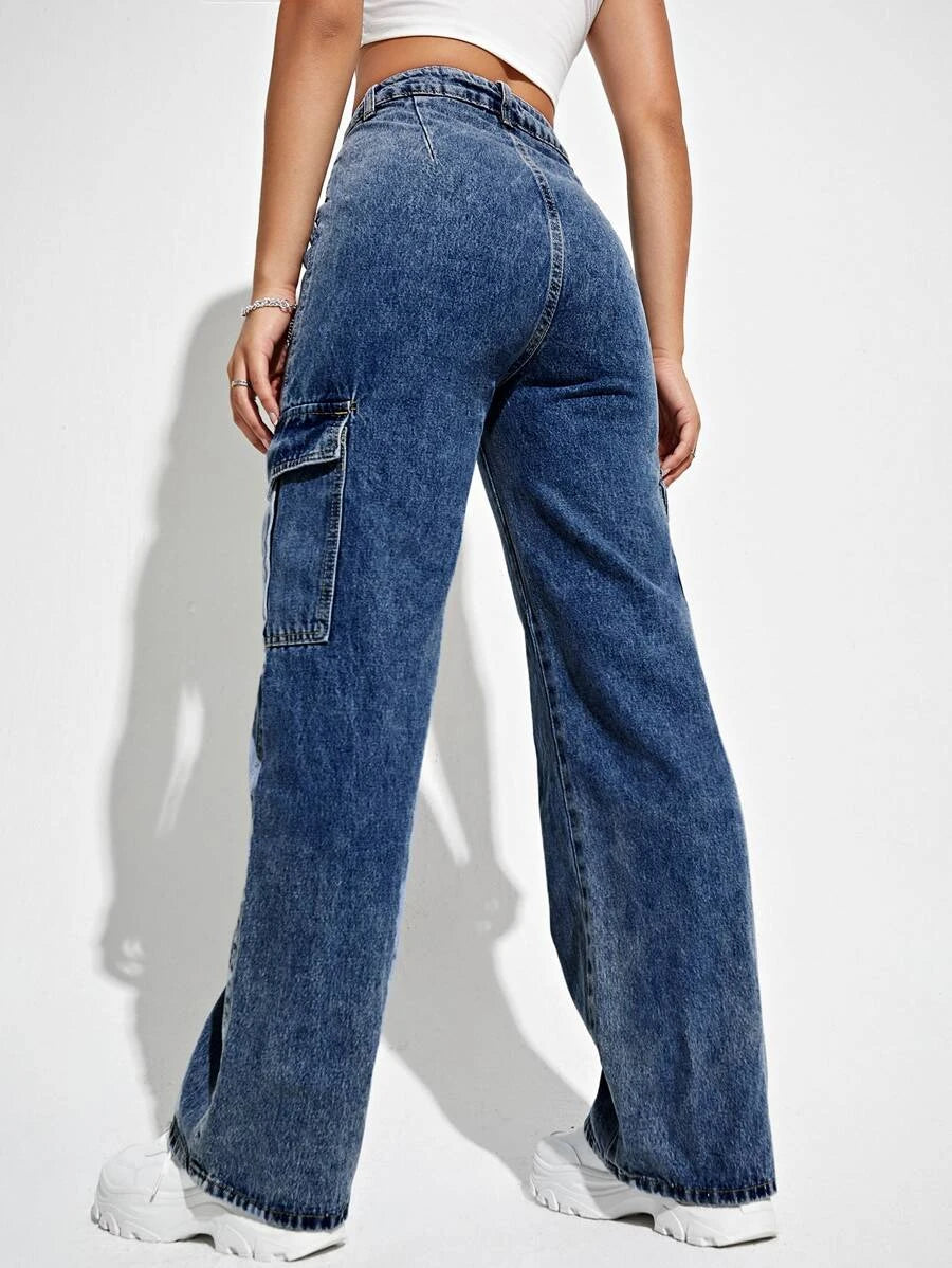 High Waisted Flap Side Pocket Cargo Jeans