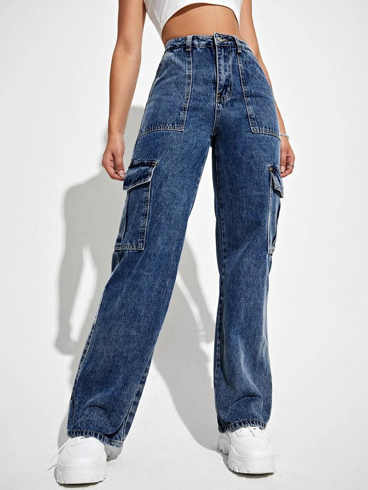 High Waisted Flap Side Pocket Cargo Jeans