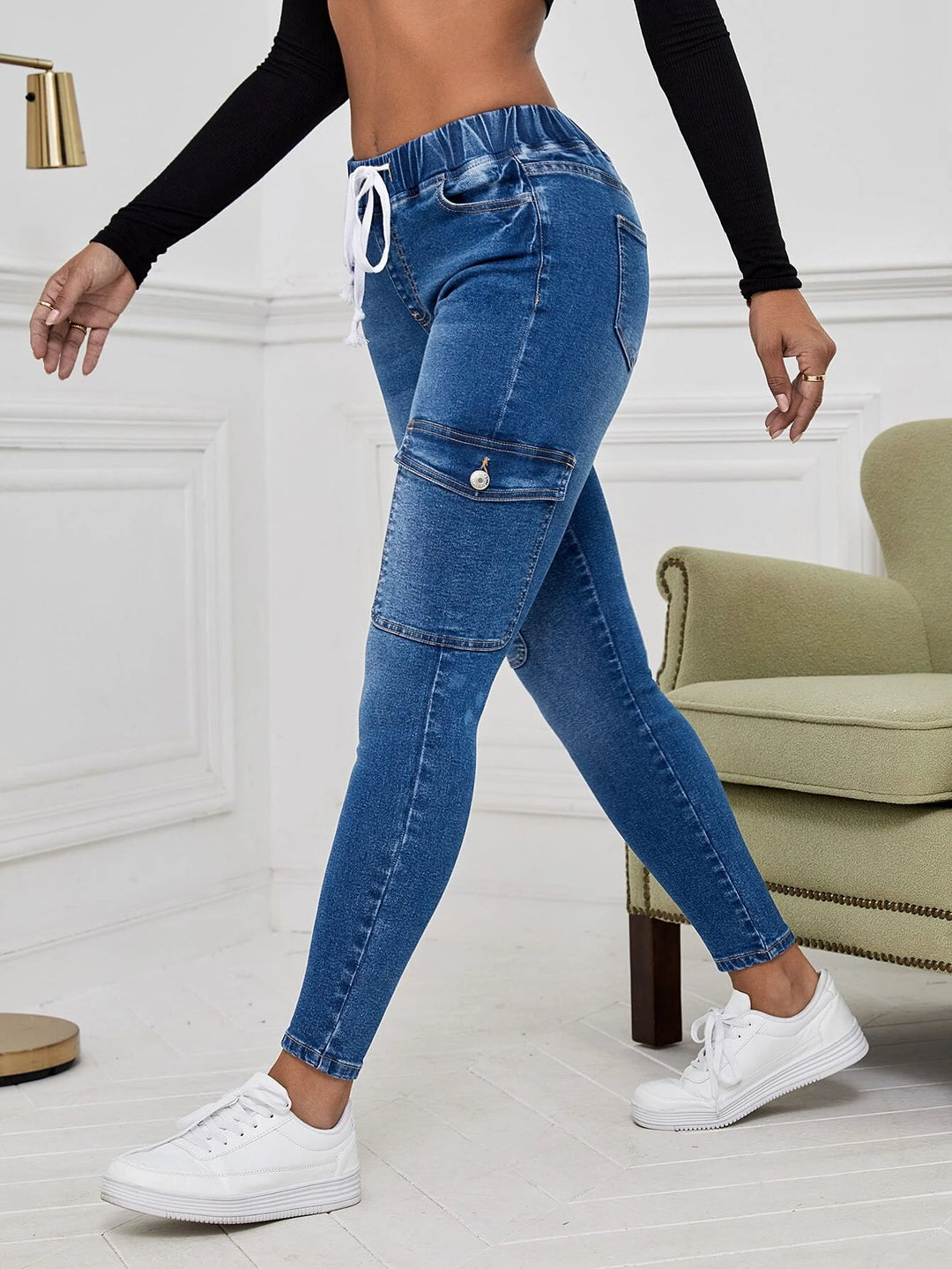 Cargo Jeans With Drawstring Waist And Flap Pockets