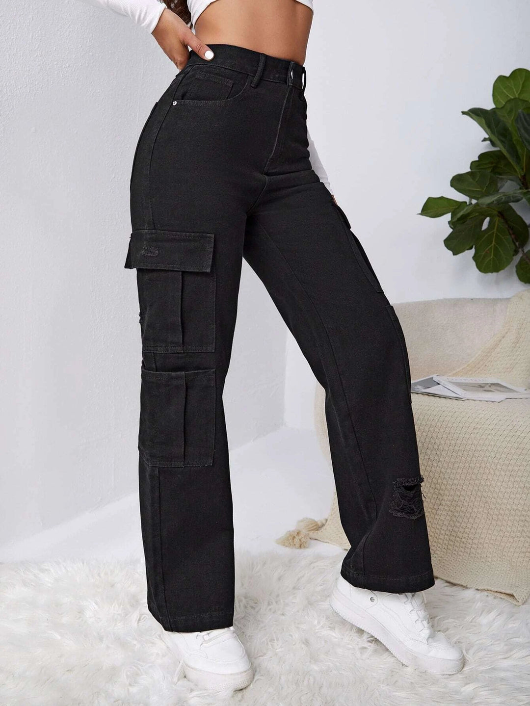 High Waist Western Flap Pocket Ripped Jeans