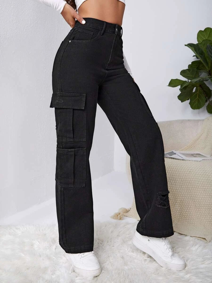 High Waist Flap Pocket Ripped Jeans
