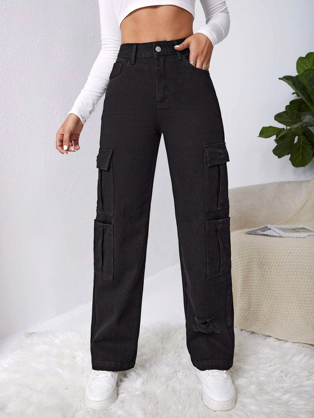 Western Flap Pocket Long Ripped Jeans