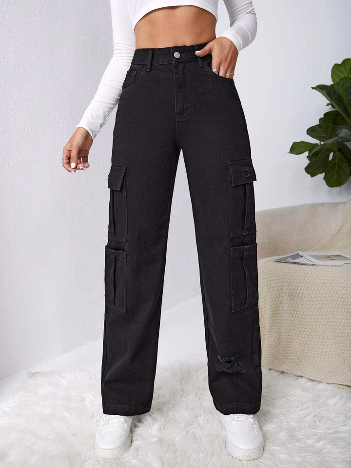 High Waist Flap Pocket Ripped Jeans