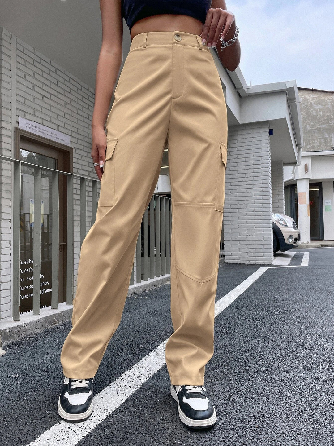 High Waist Flap Pocket Cargo Pants