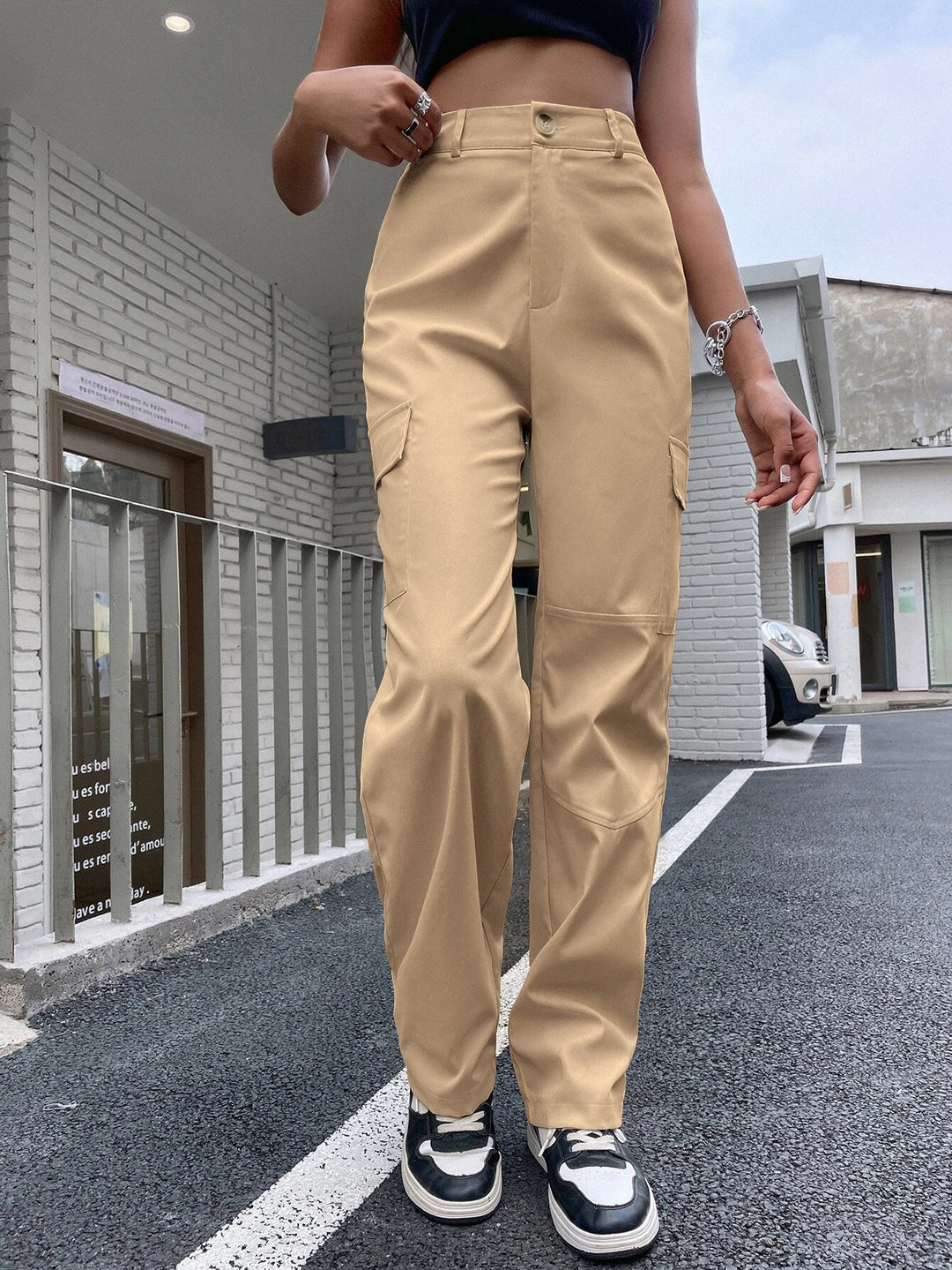 High Waist Flap Pocket Cargo Pants