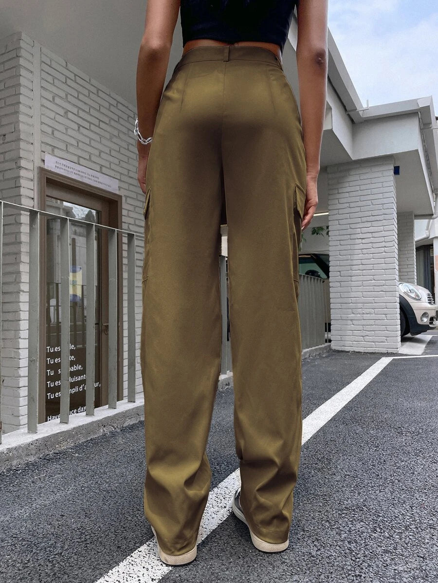 High Waist Flap Pocket Unlined Cargo Pants