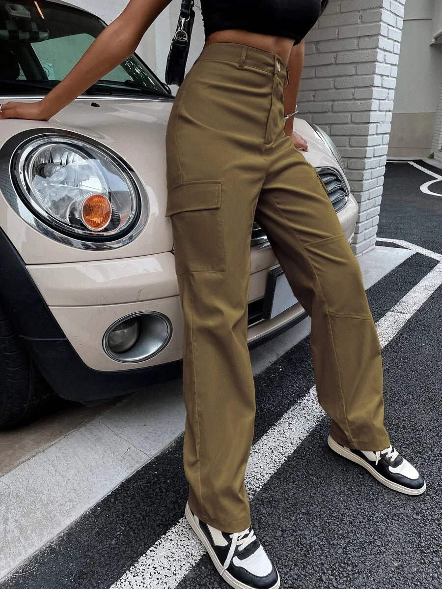 High Waist Flap Pocket Cargo Pants