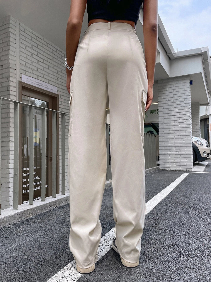 Plain High Waist Flap Pocket Side Cargo Pants