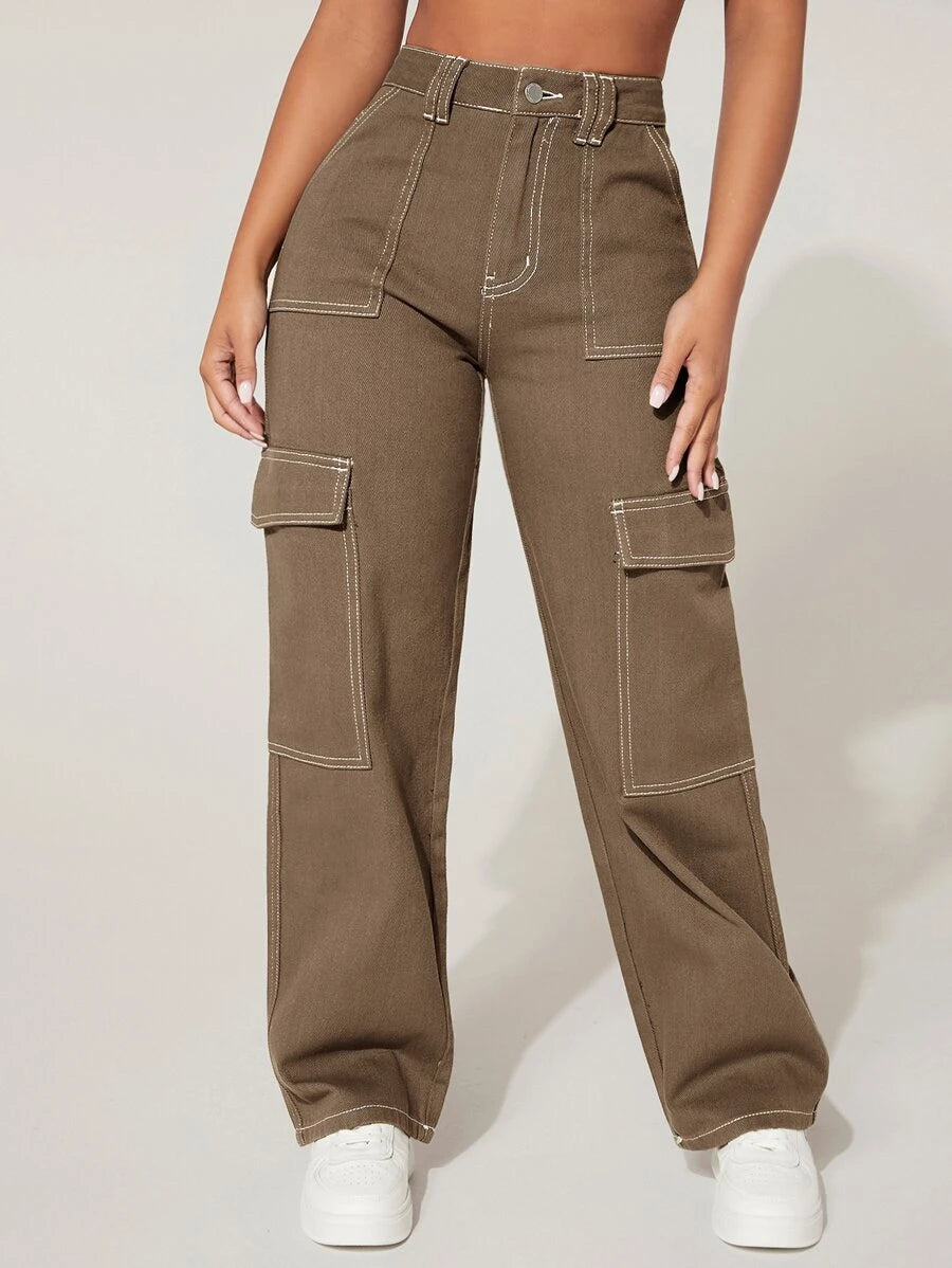 Trendy High Waist Flap Pocket Denim Cargo Jeans