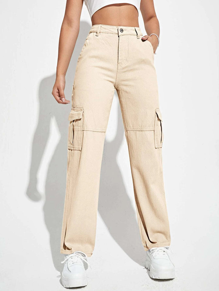 High Waist Flap Pockets Cargo Jean