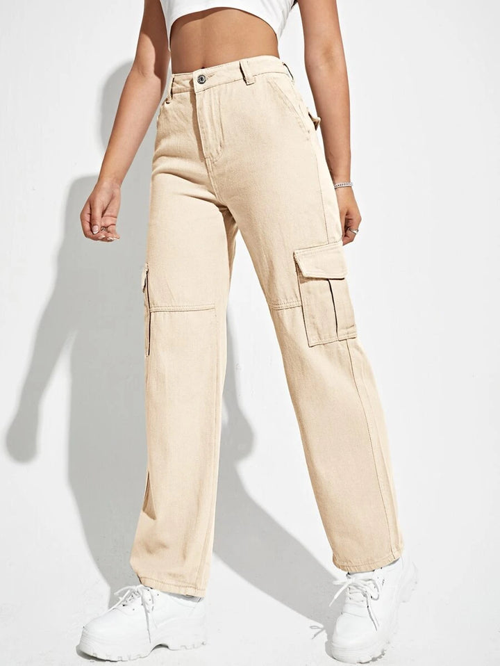 High Waist Flap Pockets Denim Cargo Jeans