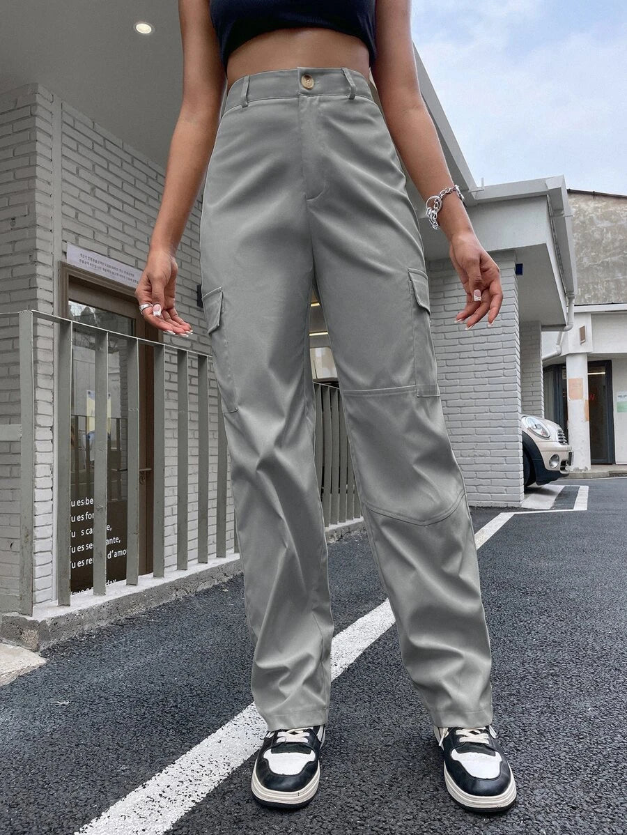 High Waist Flap Pocket Cargo Pants