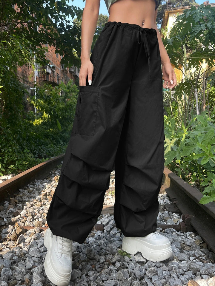 Solid Colored Drawstring Cargo Parachute Pant