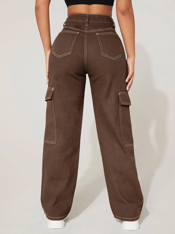 Plain High Waist Flap Pocket Cargo Jeans