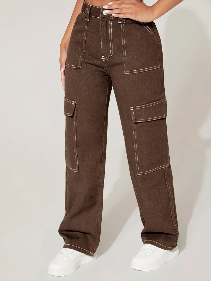 High Waist Denim Flap Pocket Cargo Jeans