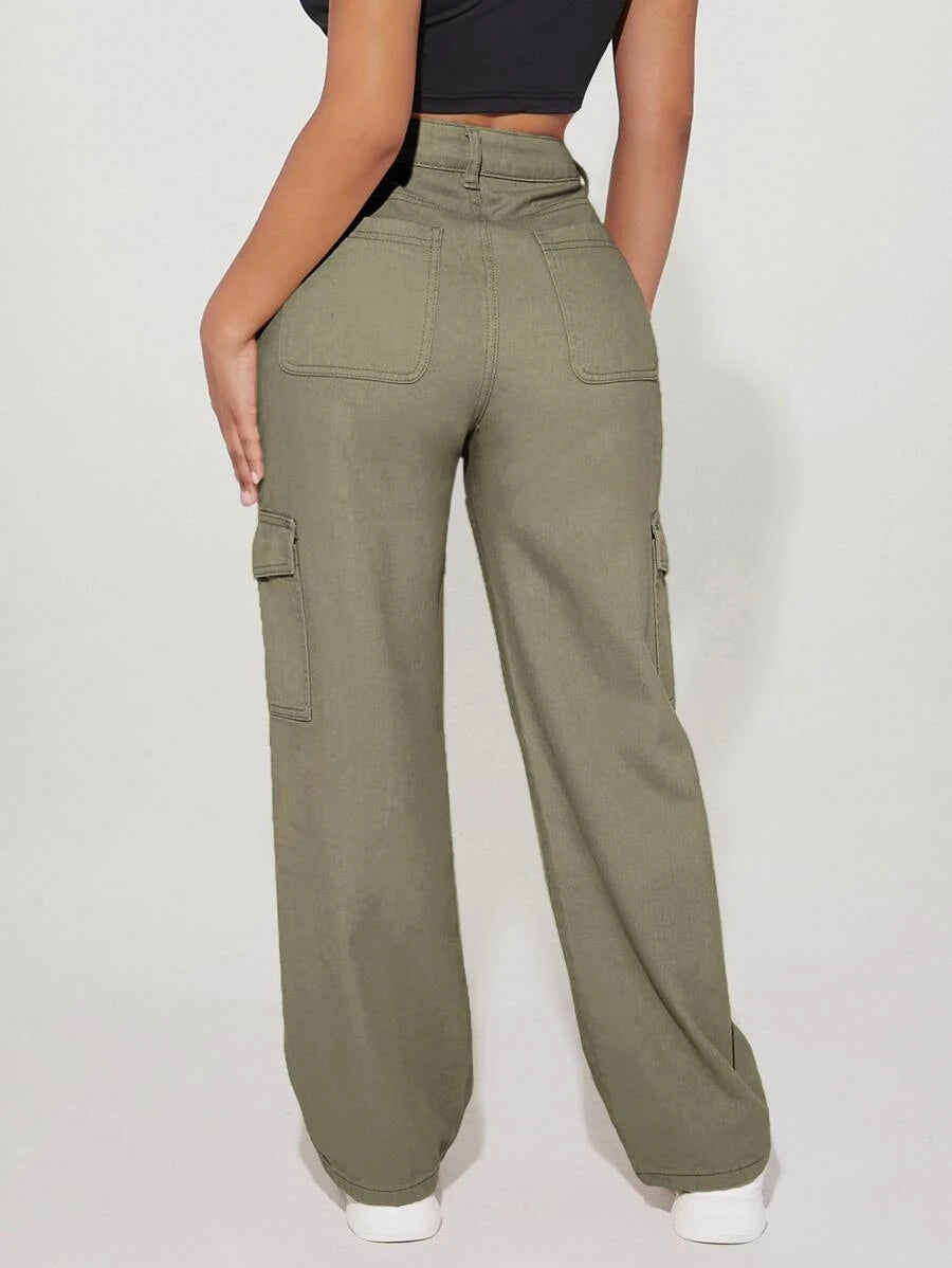 High Waist Flap Pocket Side Cargo Jeans