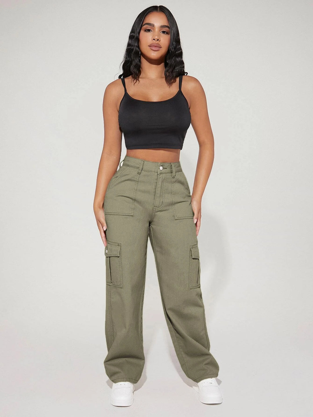 High Waist Flap Pocket Side Cargo Jeans