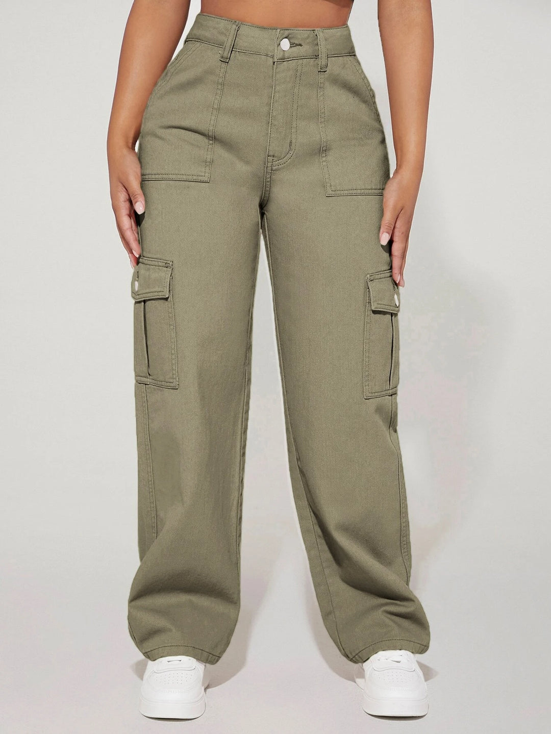 High Waist Flap Pocket Cotton Cargo Jeans