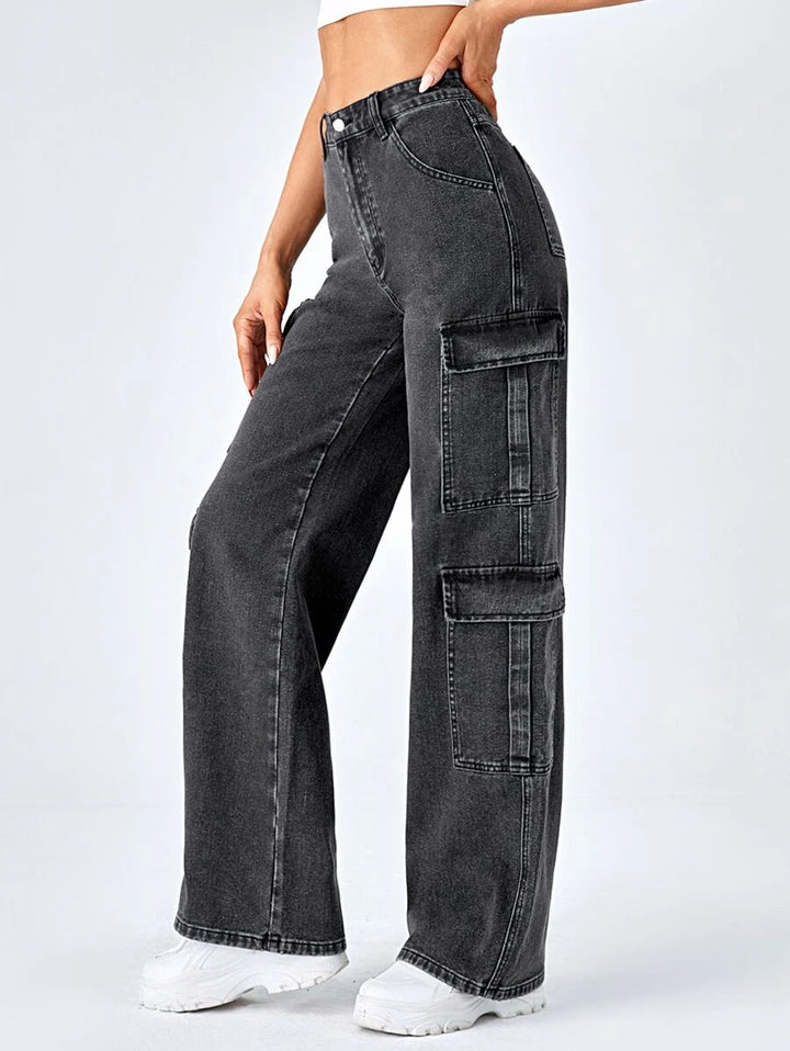 High Waist Zipper Fly Flap Pocket Cargo Jeans