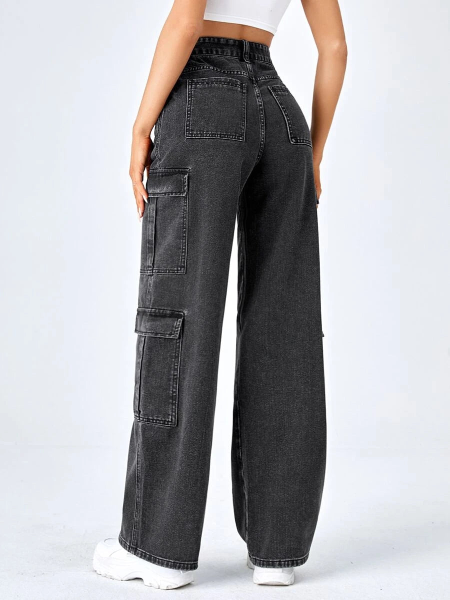 High Waist Zipper Fly Flap Pocket Cargo Jeans