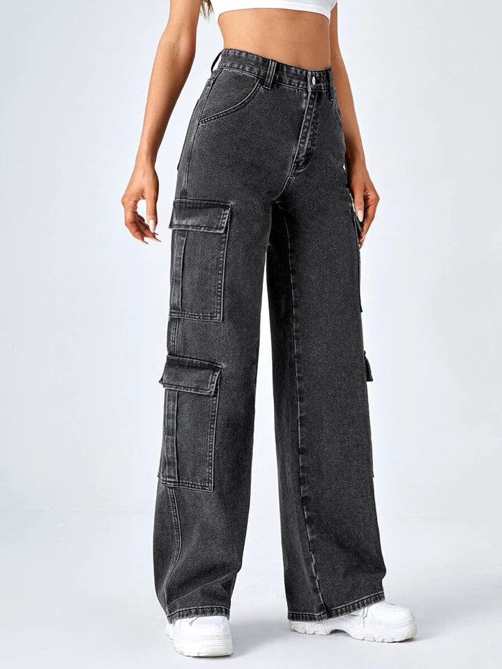 High Waist Zipper Fly Flap Pocket Cargo Jeans