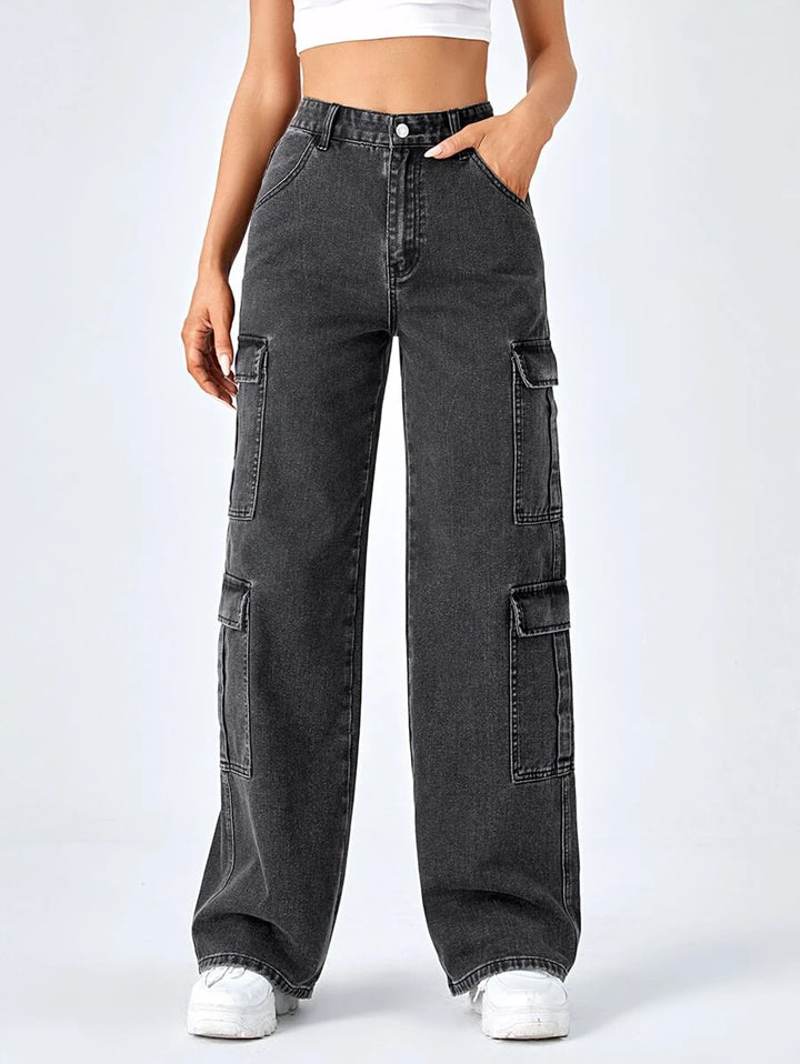 High Waist Zipper Fly Flap Pocket Cargo Jeans