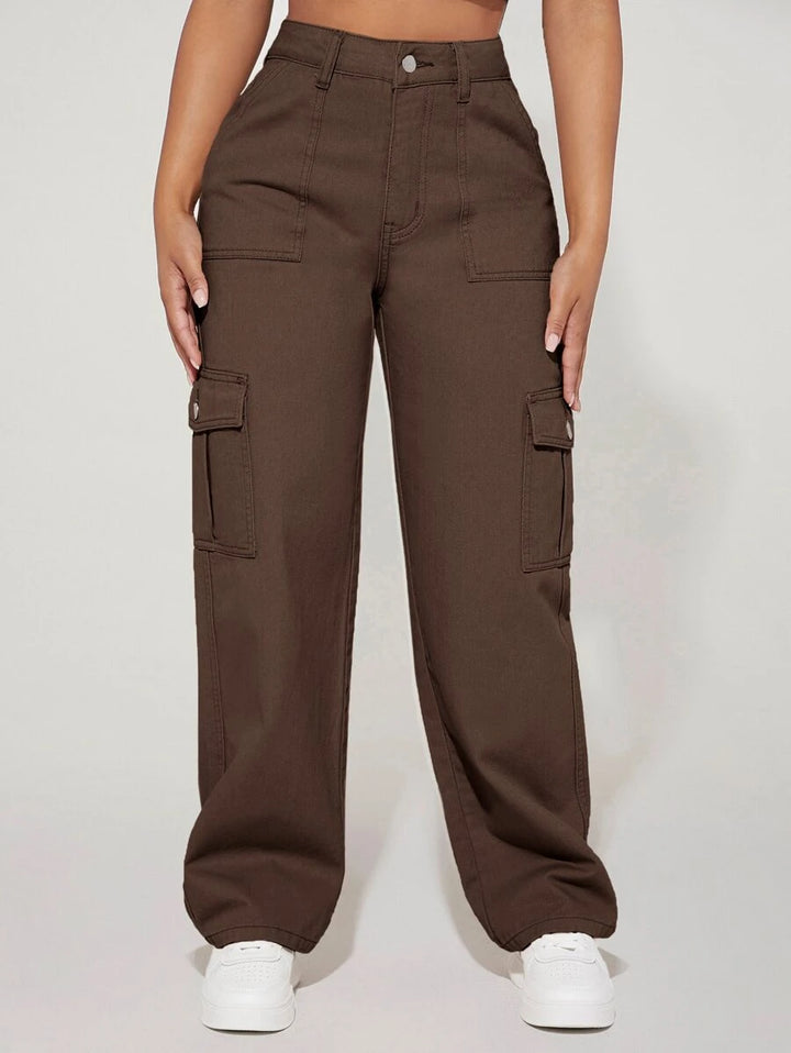 Denim High Waist Flap Pocket Side Cargo Jeans