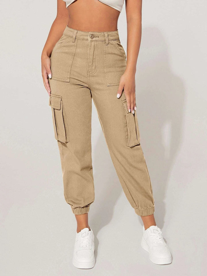 Plain High Waist Flap Pocket Cargo Jeans
